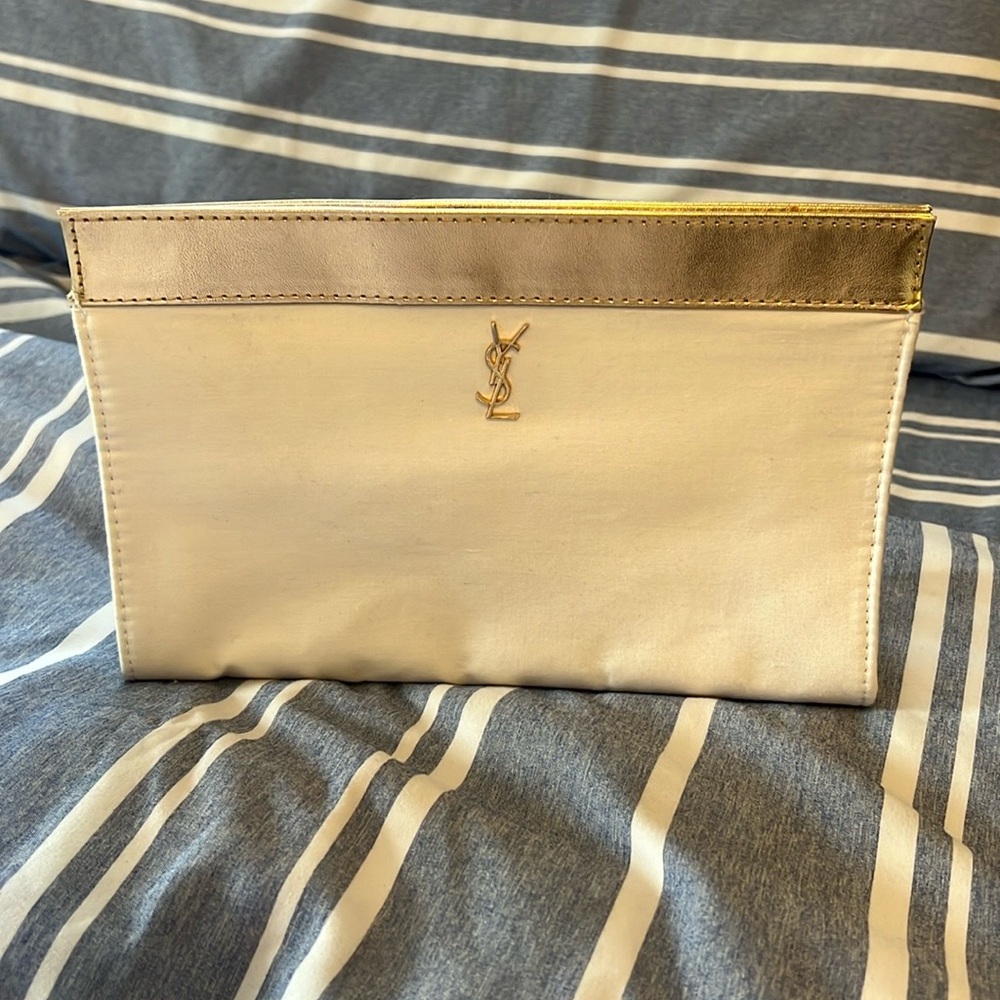 Yves Saint Laurent White Satin Clutch with Gold Accent - Picture 3 of 10
